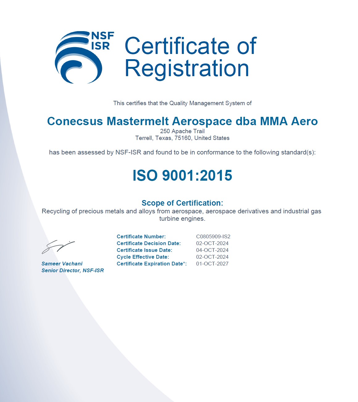 Mastermelt Aero – ISO 9001